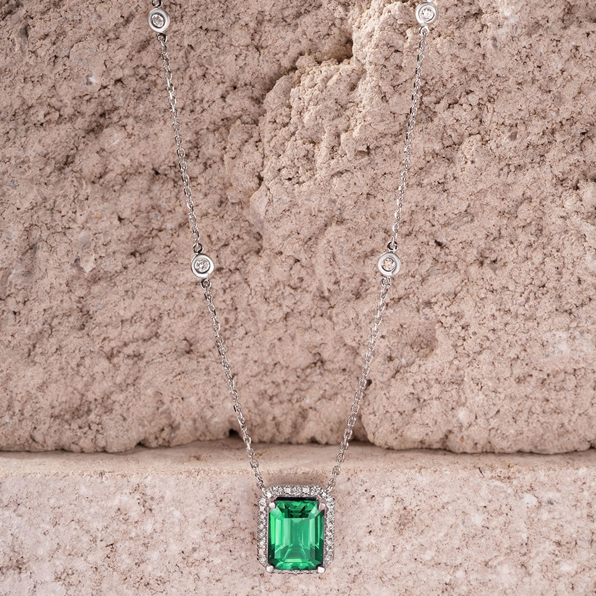 Astra 1.50ct Lab Emerald and Diamond Halo Octagon Cut Necklace in Silver